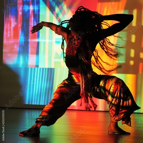 A dancing silhouette bathed in vibrant projected light