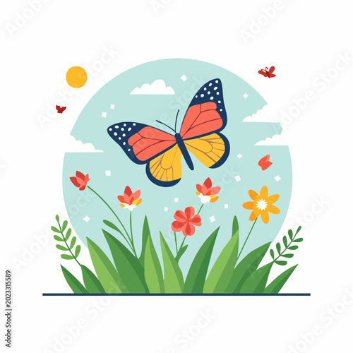 Butterfly Flying Over Flowers in a Sunny Meadow