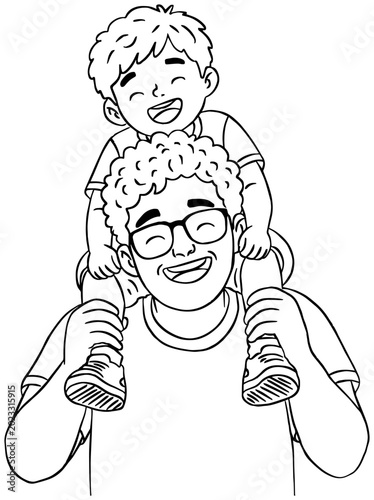 Happy Fathers Day Outline Illustration of Father Carrying Son on Shoulders