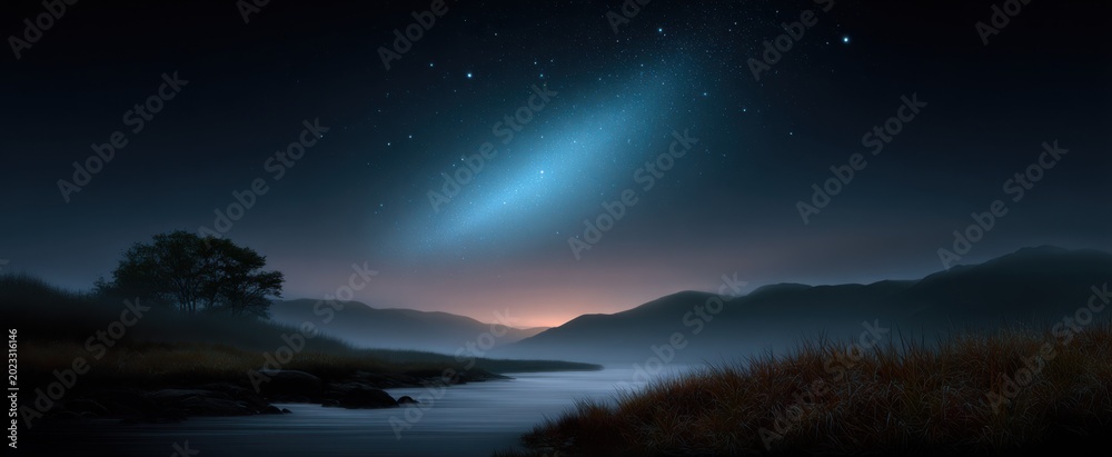 Fototapeta premium Gelombang suara biru muda menari seperti bintang berkilau di langit malam