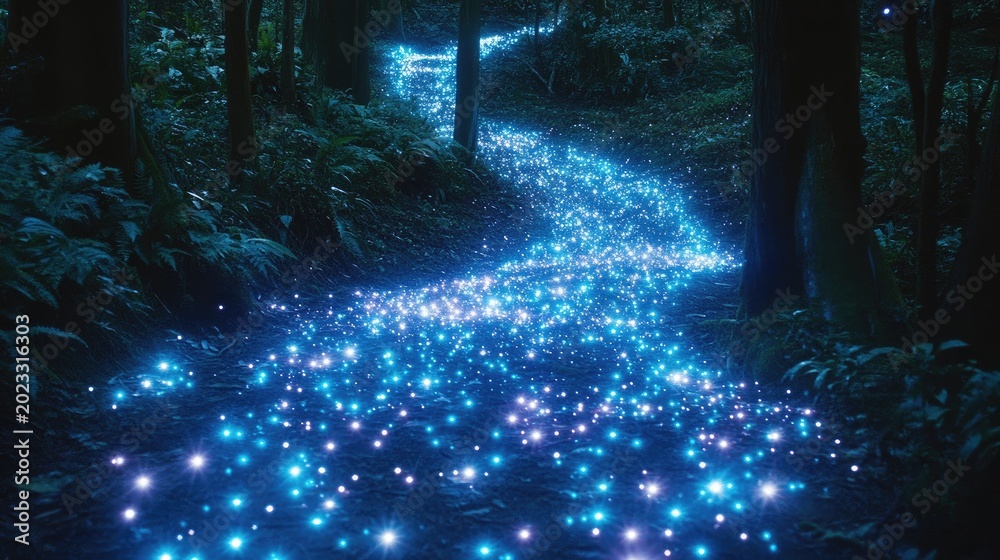Fototapeta premium Enchanting glowing river winding through mysterious dark forest with magical fantasy atmosphere