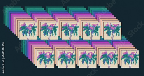 Abstract geometric 3d pattern of layered palm tree cards, colorful seamless loop of retro miami style tropical icons, synthwave and vaporwave motion graphic background