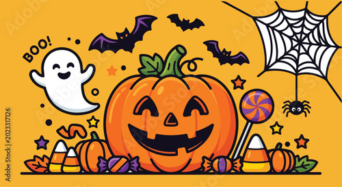 Tablou pe pânză Festive Halloween vector illustration, big smiling pumpkin, flying bats, spider