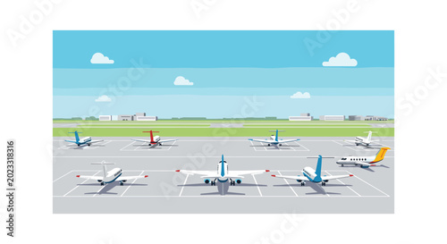 Multiple small airplanes are parked in orderly lines on a paved airport tarmac under a clear blue sky in this clean vector illustration of aviation ground operations.