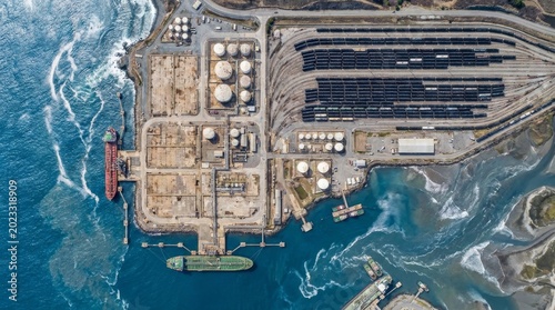 Aerial view of industrial port with cargo ships and train tracks