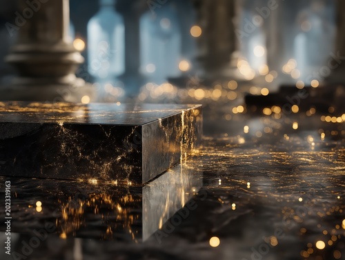 Polished dark marble pedestal with glowing golden cracks placed in a grand hall with bokeh lights