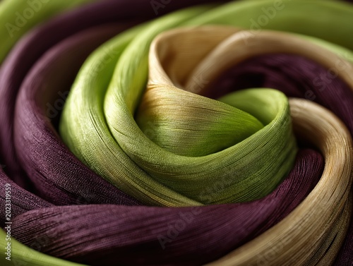 Elegant smooth fabric layers twisted into a vibrant spiral pattern with shades of green and purple