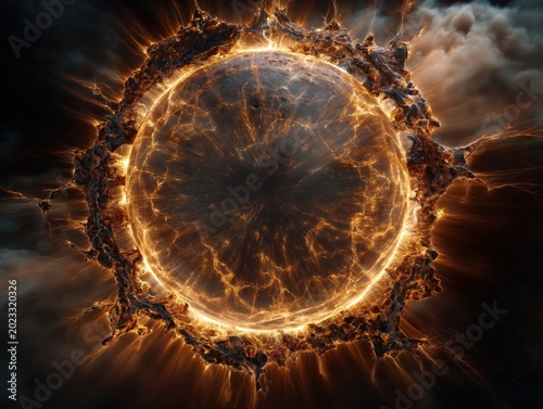 Dark celestial sphere surrounded by a glowing ring of molten lava and bright radiating light energy