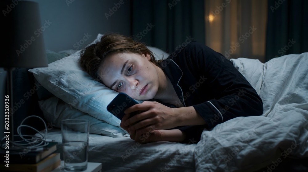 Fototapeta premium Woman in bed at night, face illuminated by phone screen, experiencing sleep disruption due to excessive late-night digital device use and blue light exposure