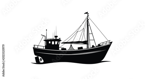 fishing boat silhouette on transparent background high quality