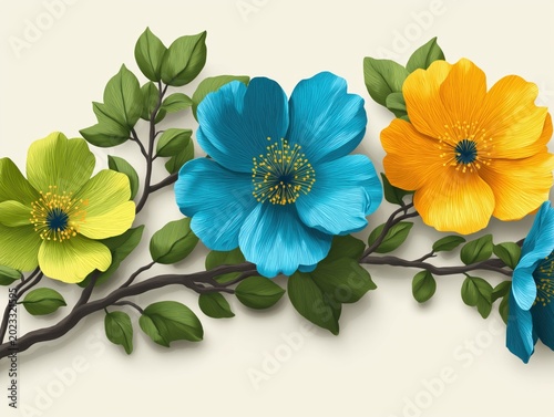 Colorful vibrant flowers arranged on a delicate branch creating a beautiful artistic botanical decorative floral illustration