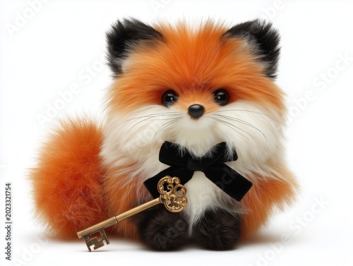 Adorable fluffy fox with a black bowtie holding a vintage metal key against a white background