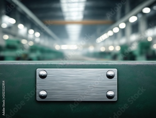 Empty metal plate with rivets attached to a dark green industrial machine surface for display purposes