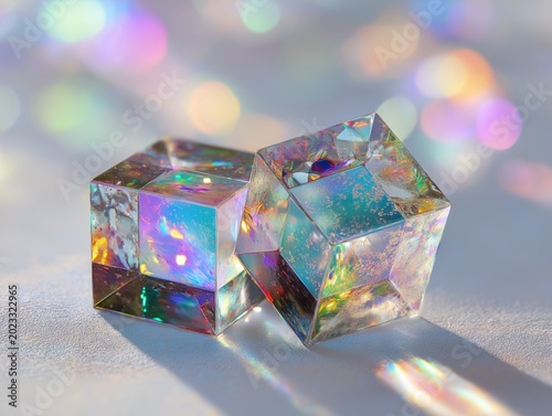 Two beautiful translucent crystal cubes displaying vibrant iridescent light reflections and brilliant internal textures for artistic designs