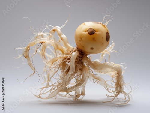 Raw organic ginseng root showing complex fibrous structures and a unique bulbous head on white surface