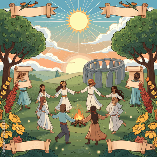 Foto A vibrant illustration depicts a pagan ritual at Stonehenge during a summer solstice celebration, with people dancing around a bonfire under a radiant sun