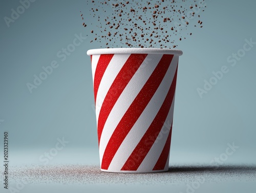 Red and white striped paper coffee cup with instant granules falling into a disposable container setup