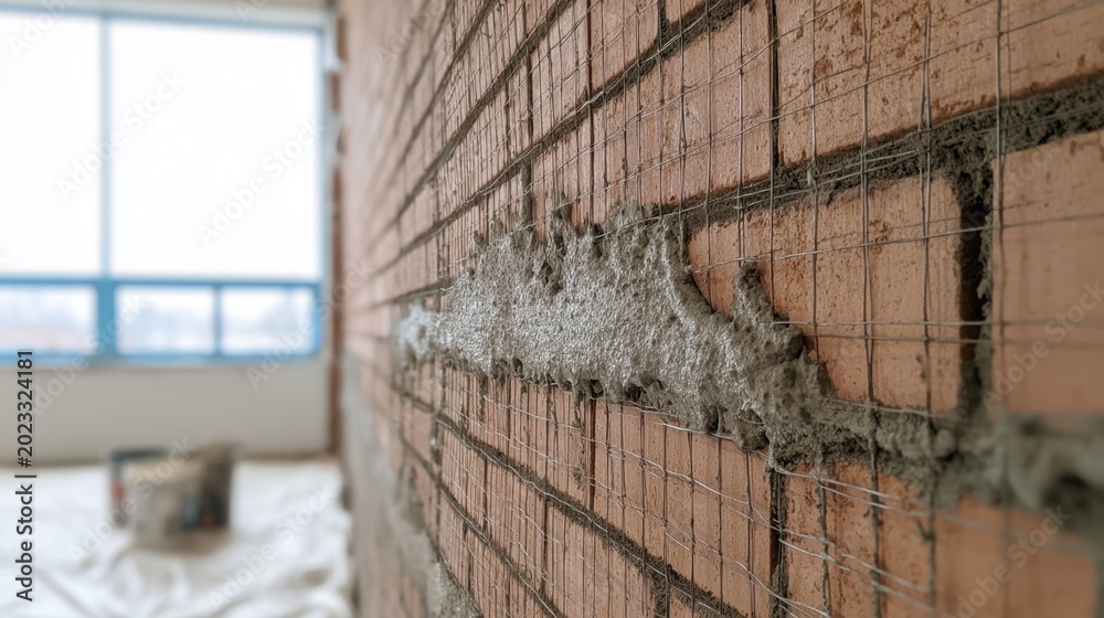 Obraz premium Close-up of brick wall restoration with mortar being applied on metal mesh in unfinished interior construction site with blurred tools and window in background
