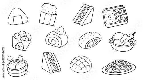 Japanese konbini food outline vector set featuring onigiri, popcorn, sandwiches, bento, fried chicken, roll cake, bread, noodles, and steamed buns, cute black and white food illustration.