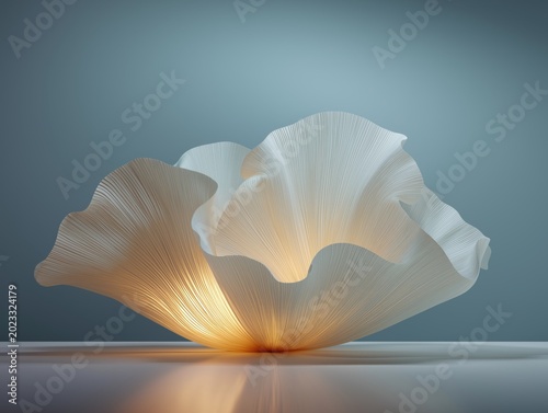 Abstract white paper sculpture glows with warm internal light creating elegant fluid shapes on smooth surface