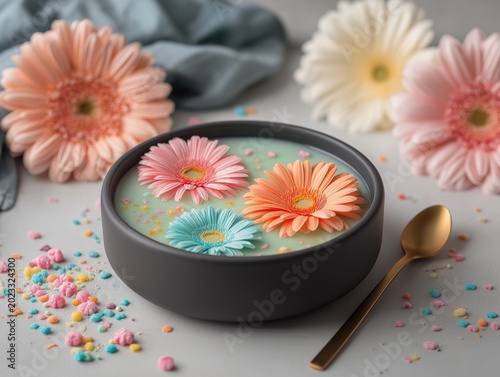 Elegant black bowl filled with creamy mint smoothie topped with colorful fresh blooming gerbera daisy flowers