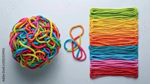 Colorful tangled string ball with loose loops beside neatly organized and aligned string pieces arranged by color gradient on light background