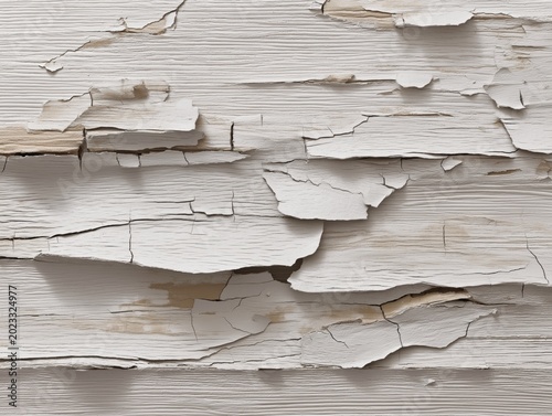 Weathered white wooden planks display layers of peeling paint exposing the natural grain of the wood