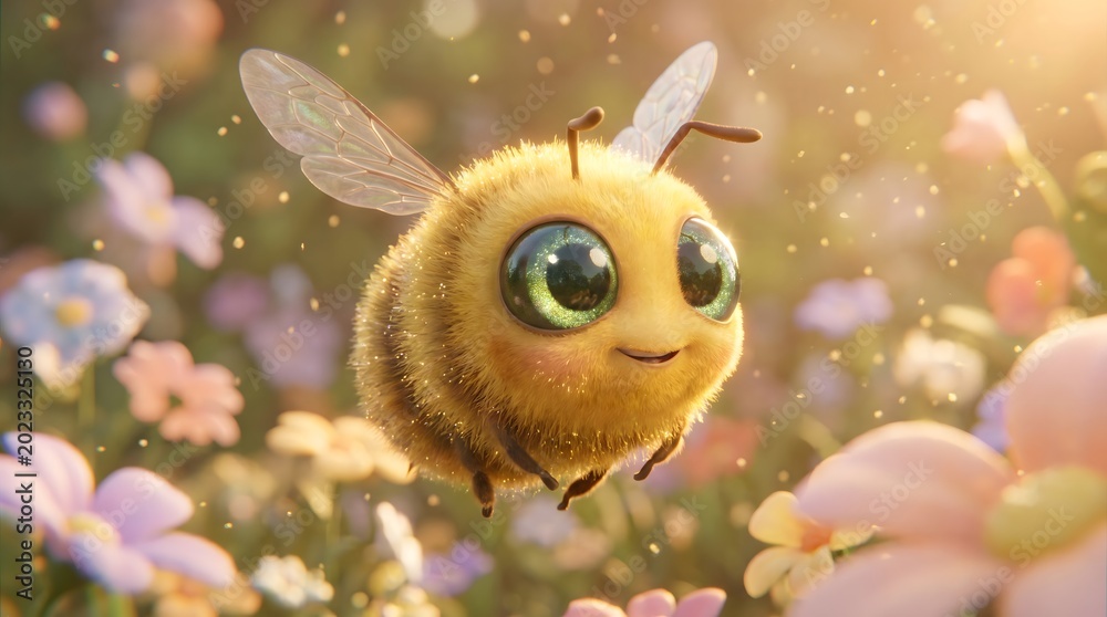 Fototapeta premium Adorable Cartoon Bee in a Floral Meadow