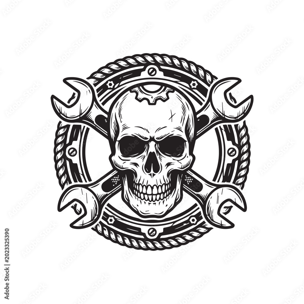 Fototapeta premium Vintage skull emblem with crossed wrenches and industrial gear.