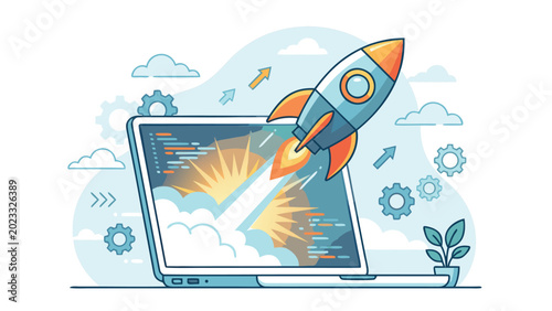 Stylized rocket taking off from a laptop screen for digital product launch concept. Flat vector illustration of startup growth, software development, coding, and technological innovation.