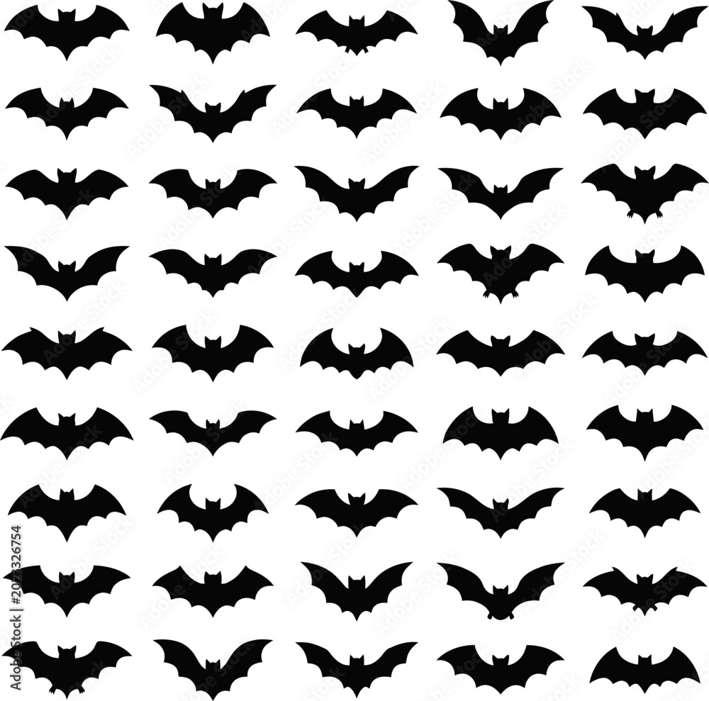Fototapeta premium A collection of black bat silhouettes flying together in a pattern vector file.