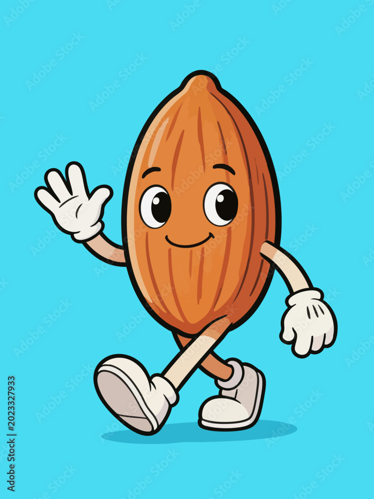 Fototapeta premium Cute Almond Cartoon Character Walking and Waving