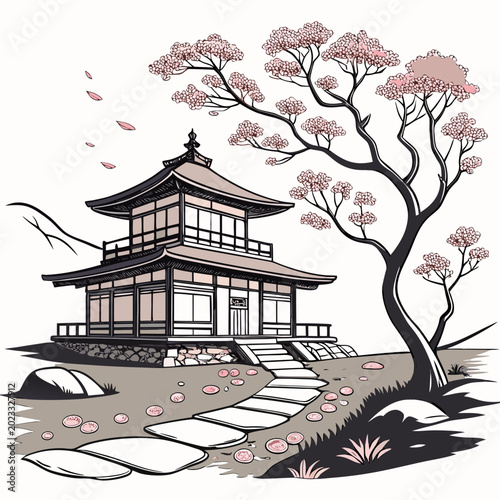 Fényképezés japanese tea house illustration with cherry blossoms and stone pathway