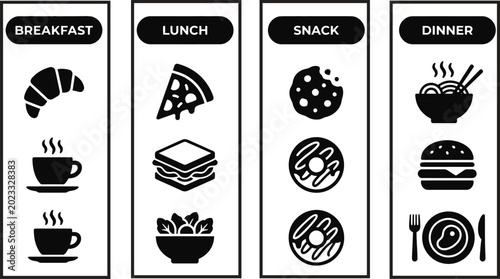 Daily meal plan black silhouette icon vector set.