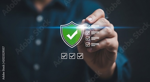Hand holding pen clicking checklist with green shield and white checkmark
