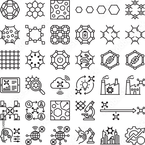 Foto Covalent Organic Frameworks (COFs) Line Icons Set – 30 Minimal Black Outline Vec