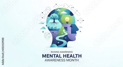 Human head silhouette with global map and nature elements representing mental health awareness