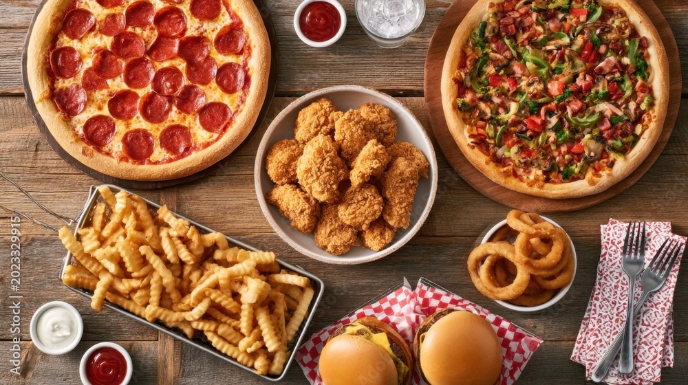 Fototapeta premium Aerial view of pepperoni pizza, veggie pizza with green bell pepper and tomato, crispy fried chicken, golden french fries, onion rings, and two cheeseburger sandwiches
