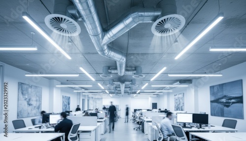 Industrial style corporate office interior featuring exposed ceiling ventilation duct system and office workers at desks