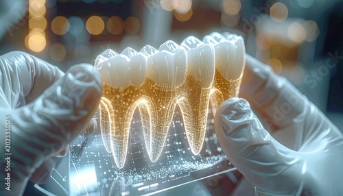 Medical scientist holding a glowing transparent digital model of human teeth and roots for dental research and innovative healthcare