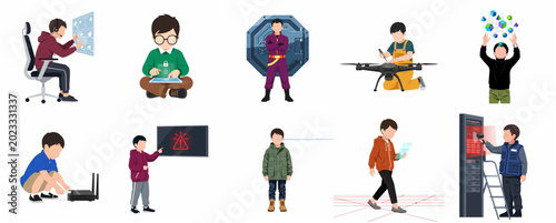 Schilderij op canvas Collection of kids in various technology and cybersecurity roles vector illustra