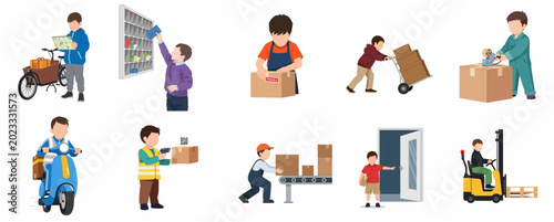 фотографія Set of children characters performing logistics, delivery, and warehouse work ta