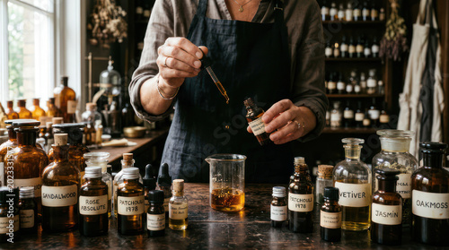 Craftswoman Creating Perfume Blend with Essential Oils and Glassware.