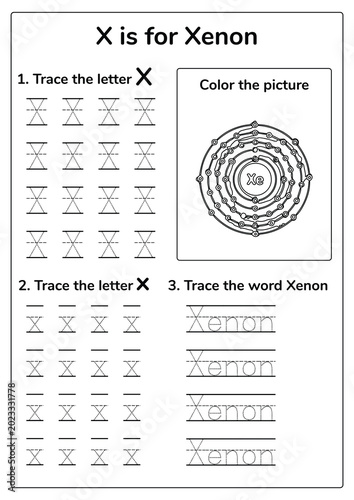 Canvastavla Educational alphabet tracing worksheet featuring the letter X with Xenon, a noble gas used in space propulsion