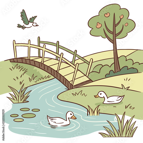 Foto countryside duck pond with bridge flat vector illustration