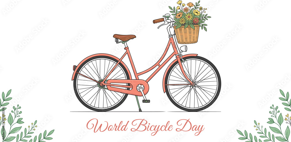Fototapeta premium World Bicycle Day Horizontal Banner Vector Design with Cute Pink Retro Bike Basket of Wildflowers and Elegant Script Typography for June Celebration