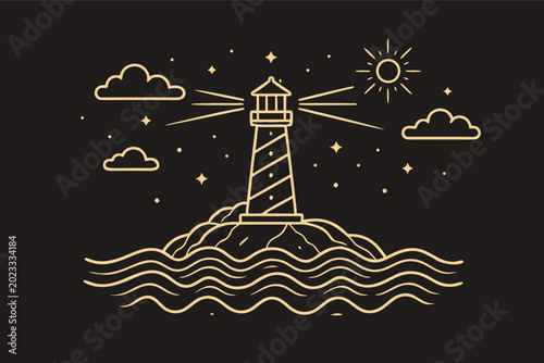 Minimalist Line Art Illustration of a Lighthouse Standing on a Small Island Amidst Ocean Waves with Light Beams Perfect for Nautical Decor Coastal Branding Travel Posters and Marine Life Themes