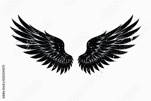 Grunge Style Black Wings With Detailed Feather Texture on White Background Simple Flat Vector Illustration for Tattoo Design Emblem Logo or T Shirt Print Graphic Element for Creative Art Projects.