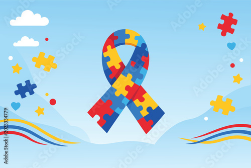 World Autism Awareness Day Banner Template and Poster Background with Ribbon Sign Made from Colorful Puzzle Pieces Representing Neurodiversity Support and Inclusion in Modern Flat Vector Style.