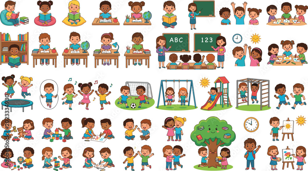 Fototapeta premium Cute cartoon children characters set participating in school classroom activities and playing on a diverse playground isolated on black background